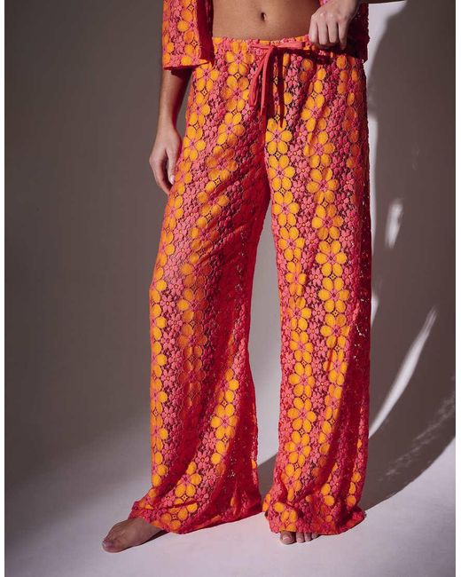 South Beach Multicolor Floral Crochet Wide Leg Beach Trousers