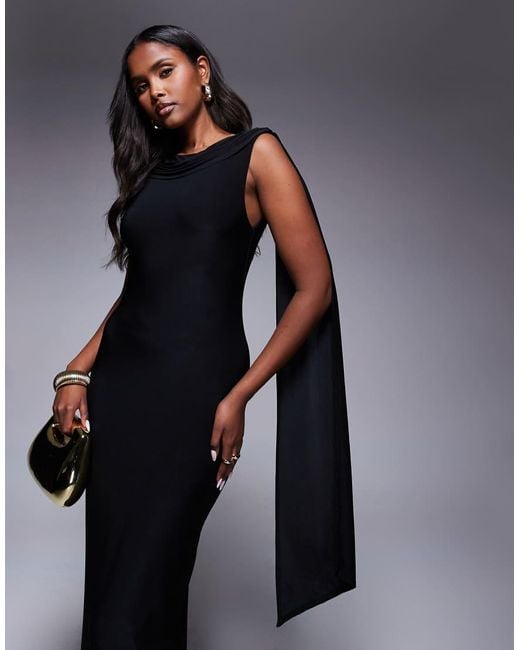 Fashionkilla Black Double Sculpted Slinky High Neck Open Back Scarf Detail Maxi Dress