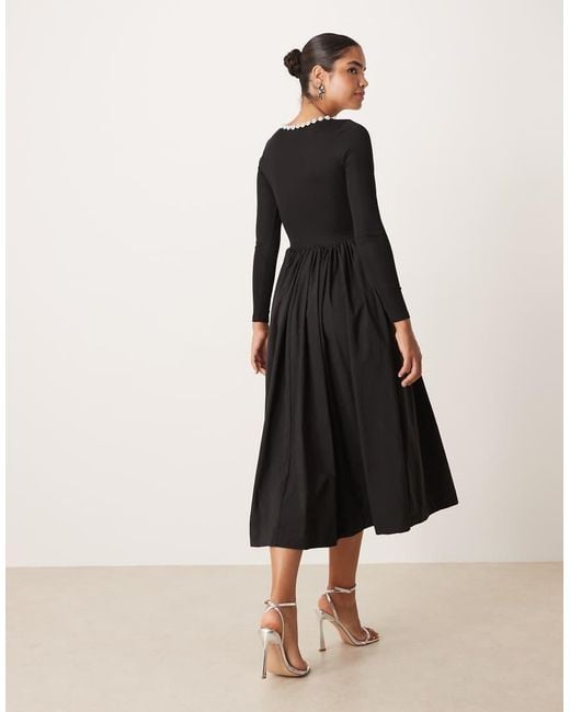 Sister Jane Black Embellished Scoop Ribbed Jersey Mix Midi Dress With Full Skirt