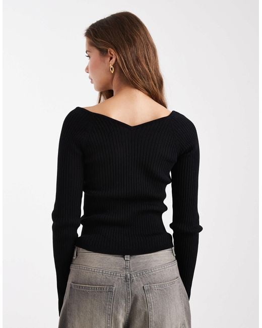 ASOS Black Knitted Structured V Neck Top