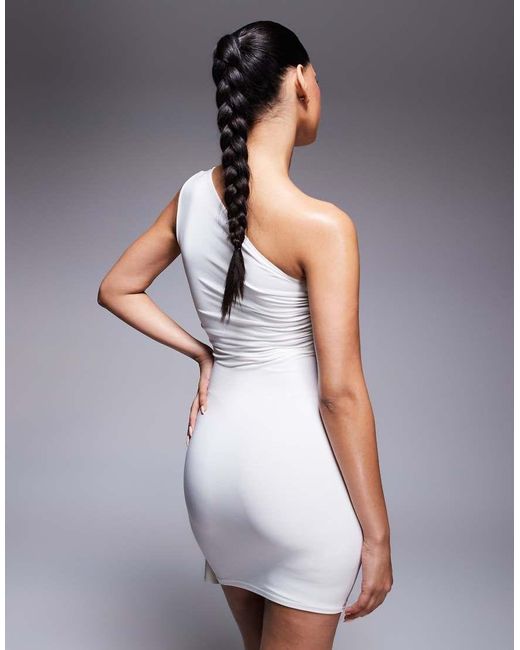 Kaiia Gray Exclusive Double Layered Slinky One Shoulder Cross Over Drape Detail Mini Dress