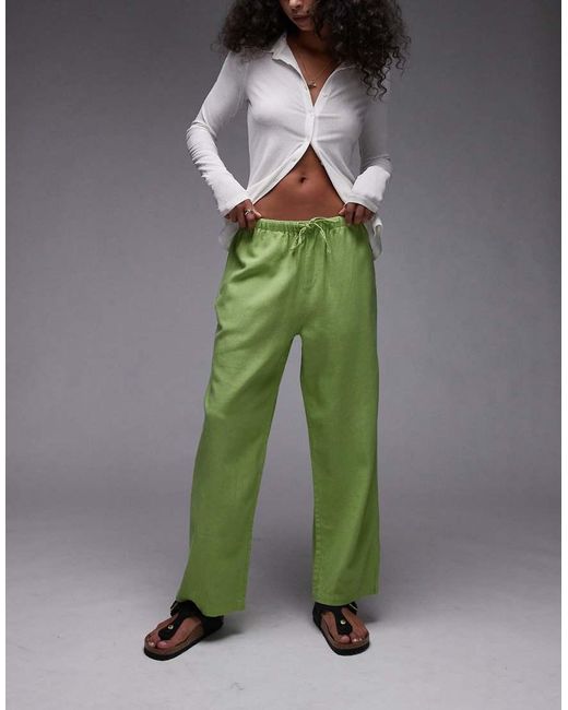 TOPSHOP Halflange Broek Met Linnen En Halfhoge Taille in het Green