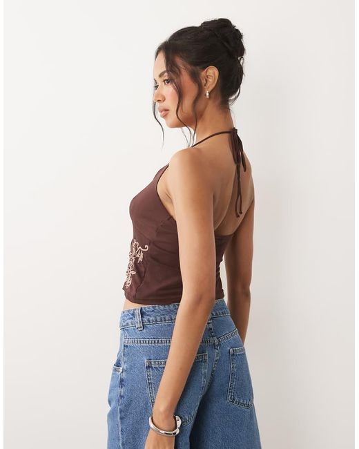 ASOS Blue Embroidered Halter Neck Split Front Cami Top