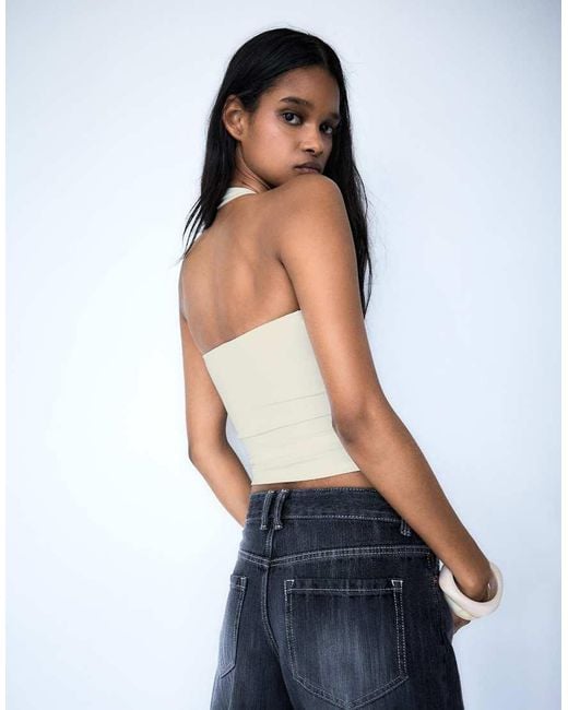 Bershka Blue Halter Neck Top With Buttons