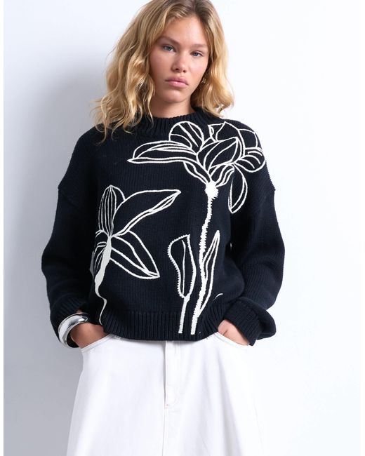 TOPSHOP Blue Knitted Embroidered Floral Jumper