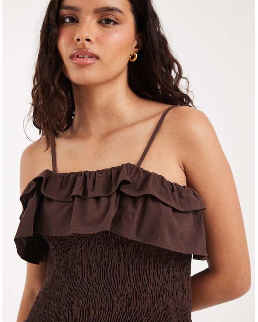 ASOS Brown Co Ord Shirred Frill Linen Blend Cami Top