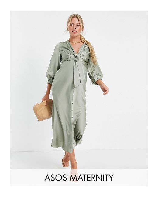 ASOS Asos Design Maternity Satin Tie Front Midi Dress With Button