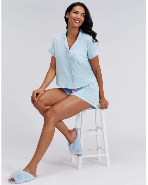 Boux Avenue Blue Piping Modal Short Pyjama Set Revere Top & Shorts Nightwear