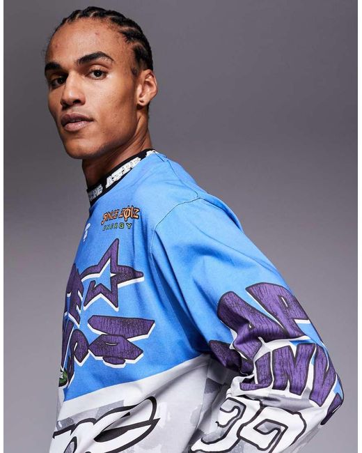 Aape By A Bathing Ape Blue Aape By A Bathing Ape Long Sleeve Motocross T-shirt for men