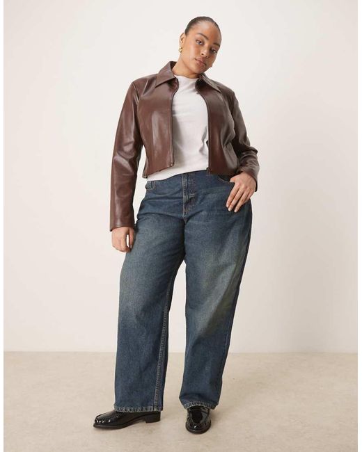 ASOS Brown Curve Tailored Faux Leather Zip Front Cropped Blazer