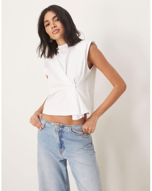 ASOS White Cinched Sleeveless Top With Grown On Neck And Shoulder Pads