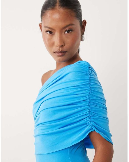 TFNC London Blue Slinky Draped One Shoulder Maxi Dress