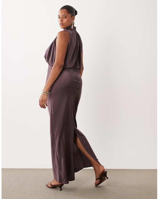 ASOS Brown Asos Design Curve Halter Neck Blouson Satin Maxi Dress
