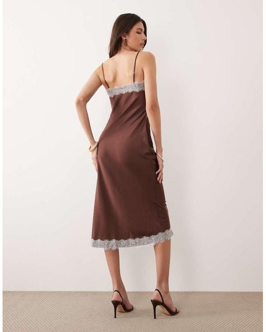 New Look Brown Contrast Lace Strappy Satin Midi Dress