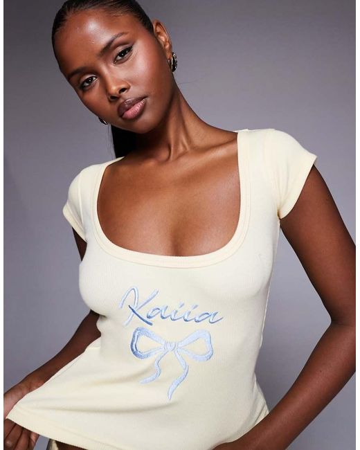 Kaiia Multicolor Cotton Rich Embroidered Bow Logo Scoop Neck Cap Sleeve Crop Top Co-ord