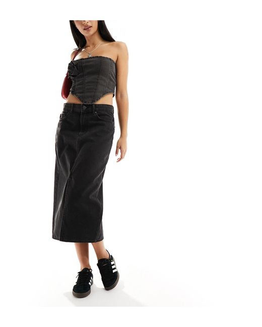 ONLY Black Denim Midi Skirt With Front Split