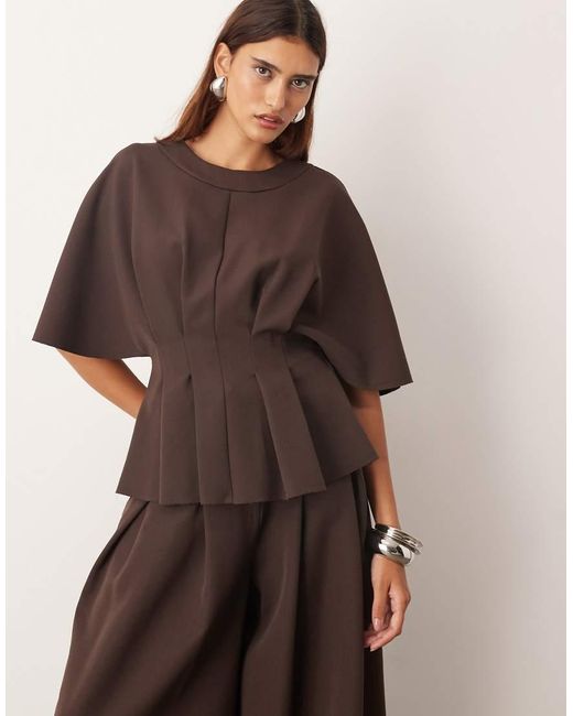 ARRANGE Brown Pleat Waist Short Sleeve Top