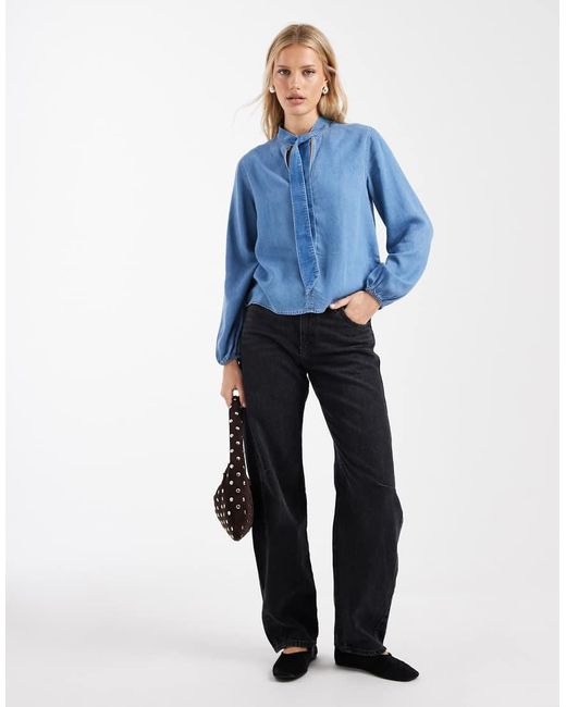 Mango Blue Teen Tie Neck Long Sleeve Denim Blouse