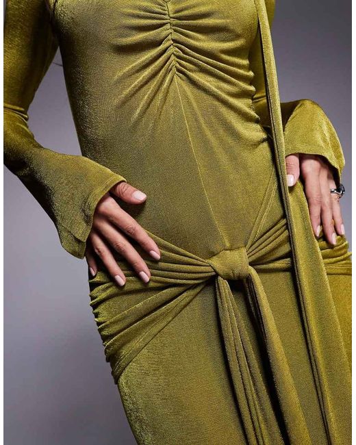 DASKA Green Ruched Maxi Dress With Waist And Neck Tie Detail