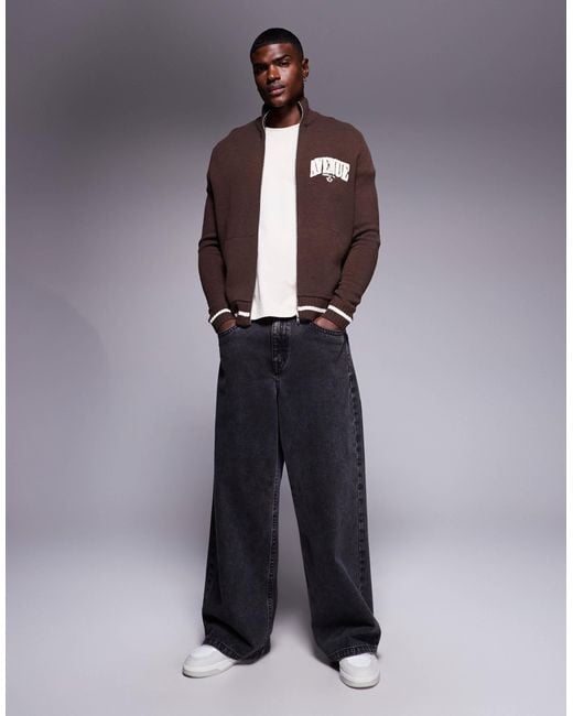 ASOS Brown Relaxed Knitted Zip Through Track Jacket With Marseille Print for men