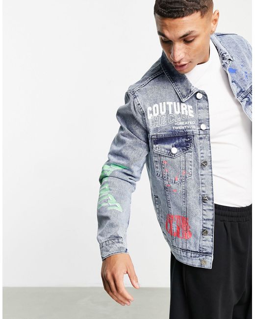 The Couture Club – jeansjacke mit neonfarbenen graffiti-details in Blue für Herren