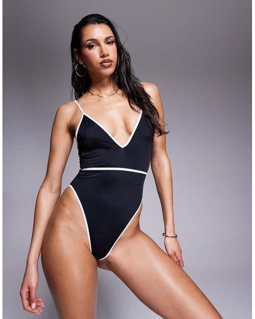 ASOS Blue Contrast Binding Plunge Swimsuit
