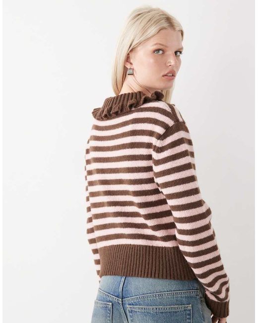 Collusion Brown Stripe Knitted Cardi With Frill Collar
