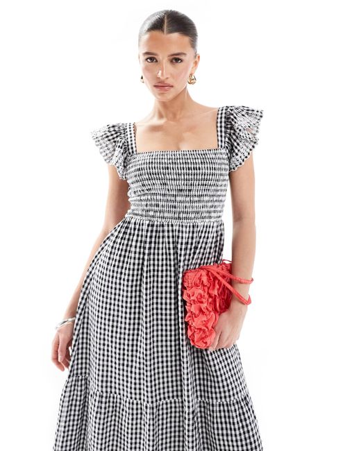 Robe mi-longue avec manches à volants - vichy New Look en coloris White