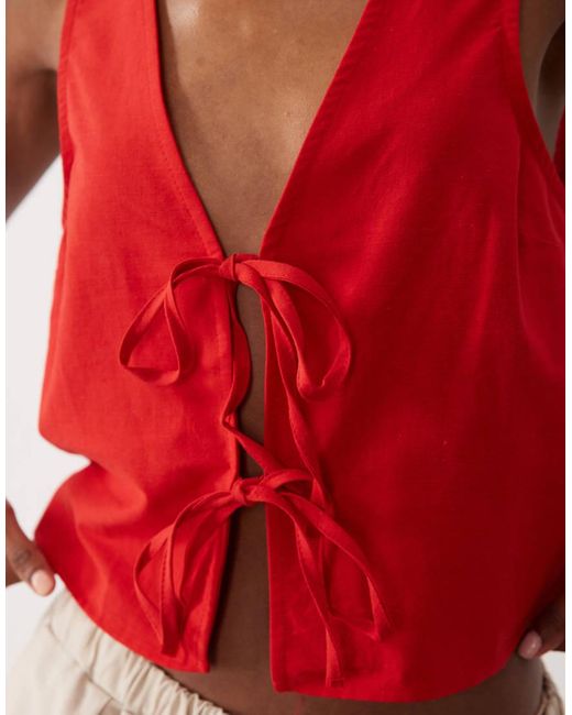 Miss Selfridge Red Linen Blend Tie Front Top