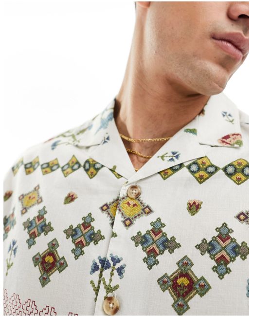 ASOS Natural Oversized Revere Shirt With Floral Print for men