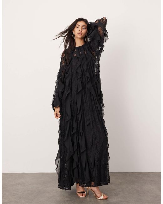 Coveie Lace Ruffle Maxi Dress - Black