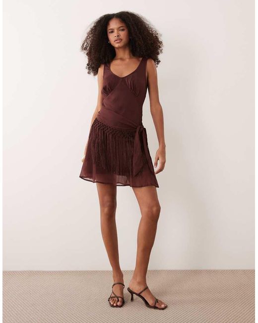 ASOS Brown Chiffon Draped Fringe Detail Mini Dress