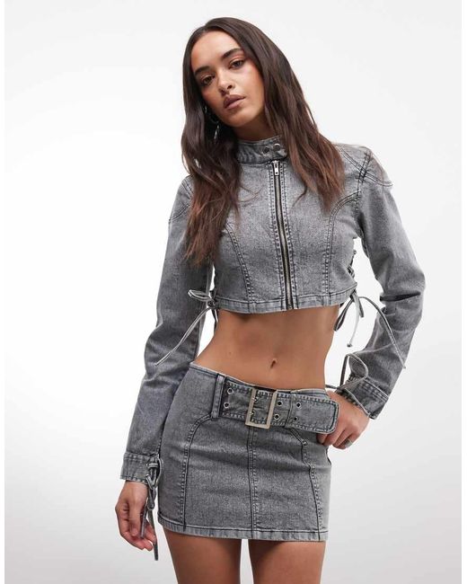 Liquor N Poker Gray Extreme Buckle Belt Denim Mini Skirt Co-Ord