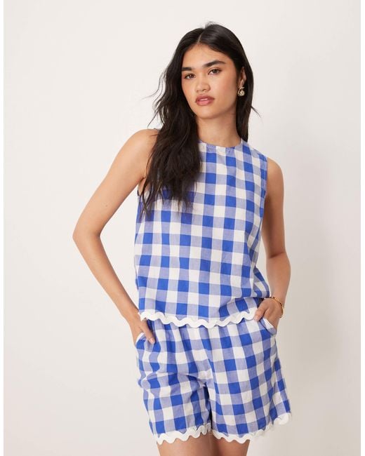 Y.A.S Blue Woven Gingham Top Co-ord With Scallop Trims