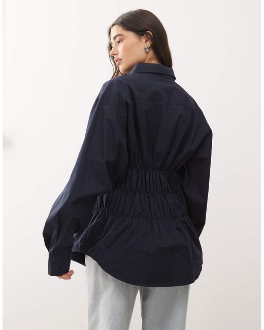 Lioness Blue Chloe Cotton Wide Sleeve Cuffed Ruched Detail Oversized Shirt