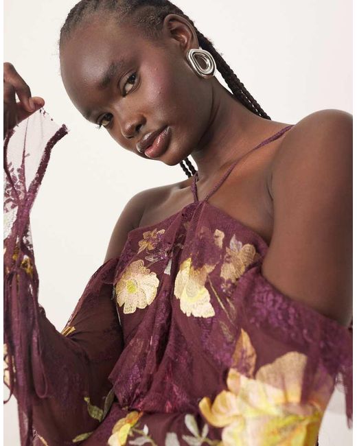 ARRANGE Geborduurde Maxi Jurk Met Kant, Halternek, Blote Schouders En Ruches in het Pink