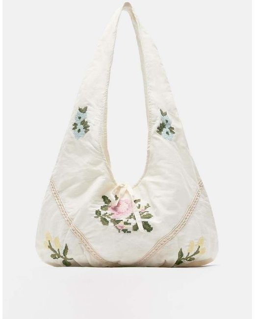 Pull&Bear White Floral Print Tote Bag