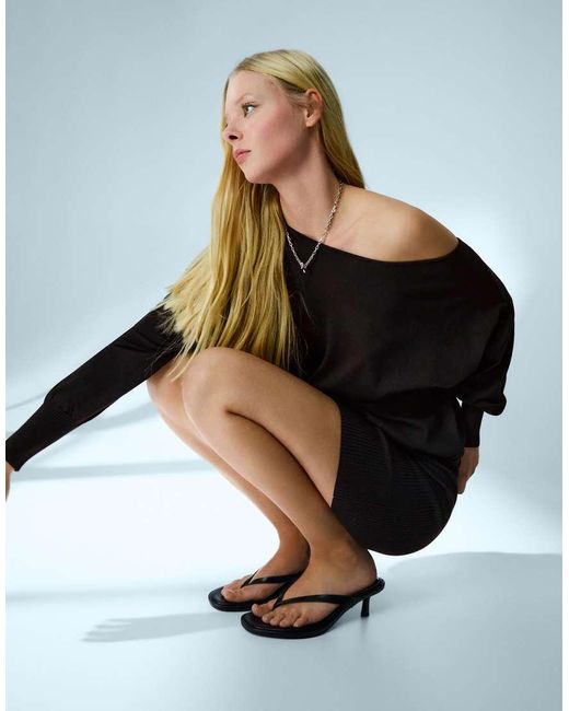 Bershka Black Ribbed Asymmetric Mini Dress