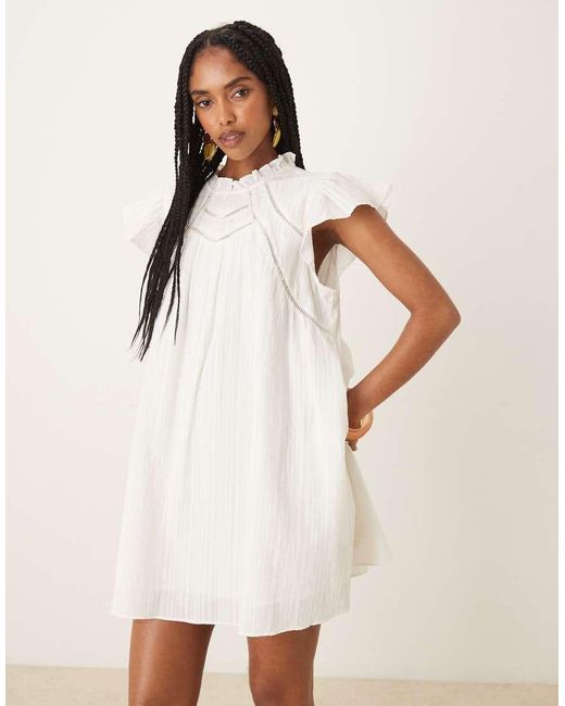 Y.A.S White Ruffle Sleeve Mini Smock Dress With Ladder Stitch Yoke Detail