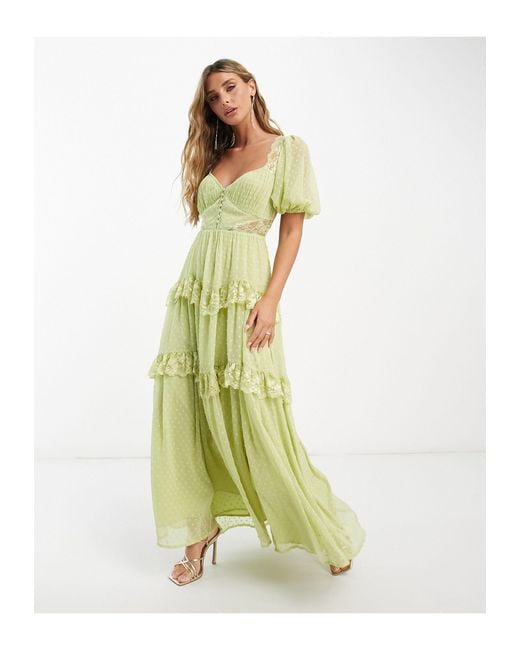 ASOS Open Back Lace Insert Dobby Maxi Tea Dress in Green | Lyst
