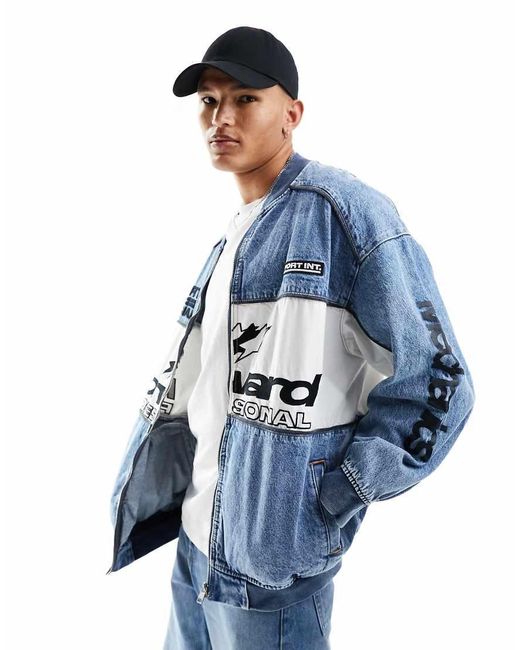 Bershka Blue Motocross Denim Bomber Jacket for men
