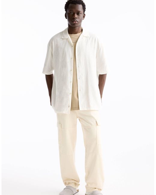 Pull&Bear White Linen Look Revere Neck Shirt for men