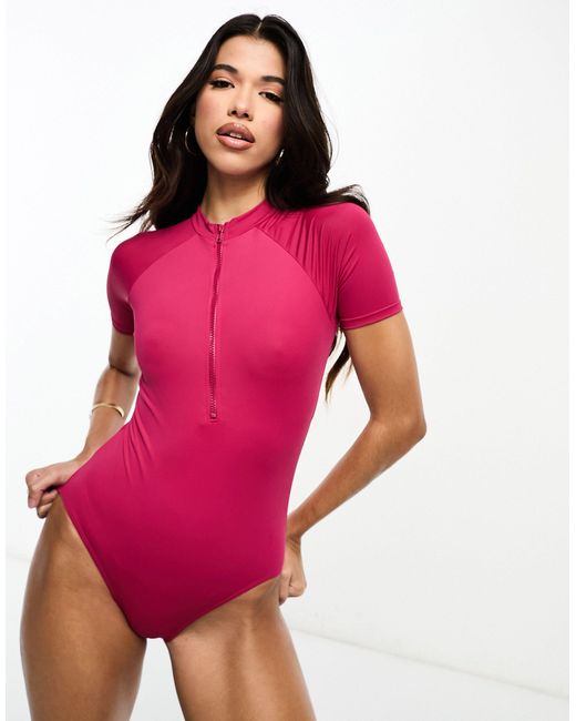 Threadbare Pink Sporty Short Sleeve Swimsuit With Zip Front And High Neck