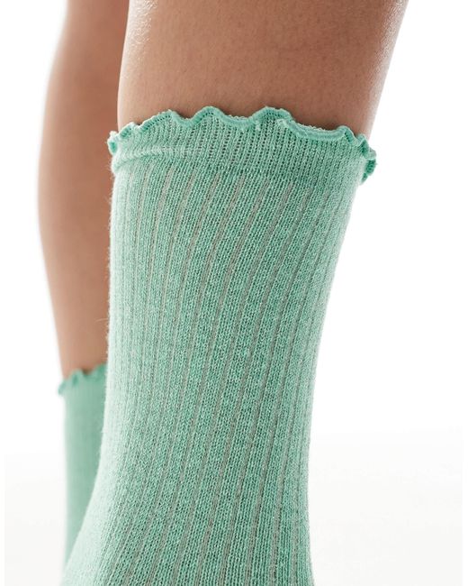 Vero Moda Green Ribbed Glitter Socks With Frill Edge