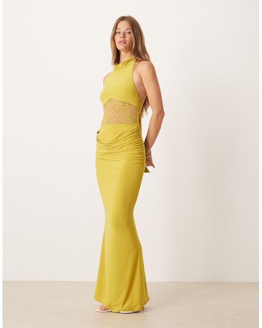 Robe longue nouée autour du cou avec encolure montante et empiècement en dentelle - agrume ASOS en coloris Green