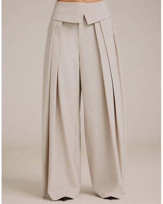 Stradivarius Brown Petite Wide-Leg Trousers With Turned-Up Waistband
