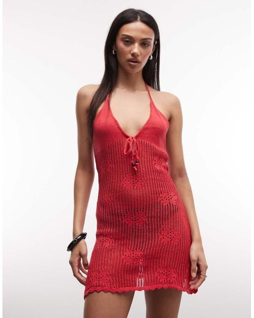 Monki Red Floral Crochet Tie Front Beach Mini Dress