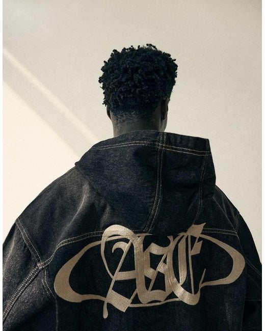 Bershka Black Denim Jacket With Hood And Back Embroidery for men
