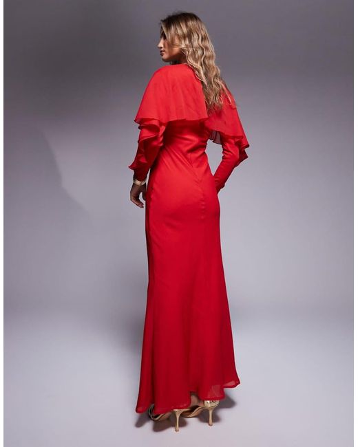 ASOS Red Long Sleeve Ruffle Bias Maxi Dress With Cape Detail