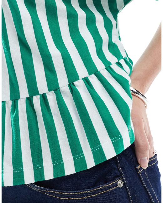 T-shirt coupe carrée en aspect lin avec manches courtes et ourlet à basque - rayures ASOS en coloris Green